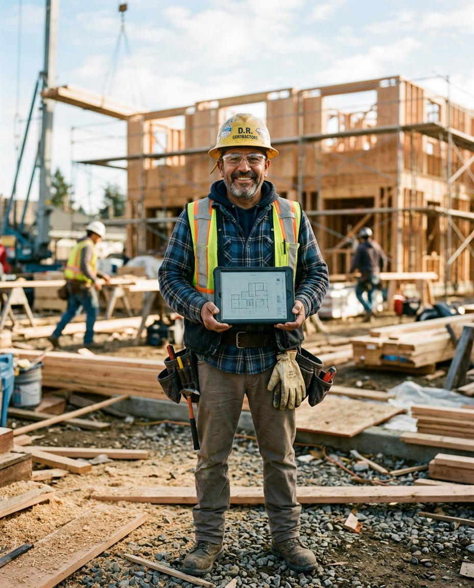A local contractor reviewing his business on a tablet at an active job site